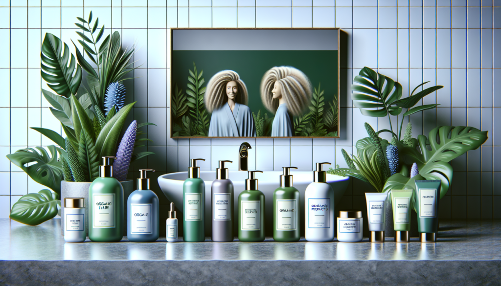 Prompt for DALL-E: Create an image showcasing the benefits of using pure hair products. Depict a serene bathroom setting with a variety of organic hair products displayed neatly on the counter. Show a