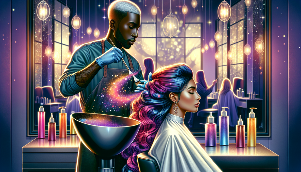 Create a visually enchanting image that captures the essence of Discover the Magic: Redken Shades EQ. Show a luxurious salon environment with a stylist working on a client's hair, using vibrant and sh