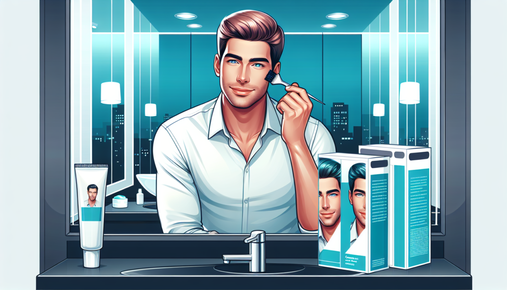 Create an image of a well-groomed man standing confidently in front of a bathroom mirror. He is holding a Just for Men Easy Comb-In Color applicator, which he has effortlessly used to achieve a natura