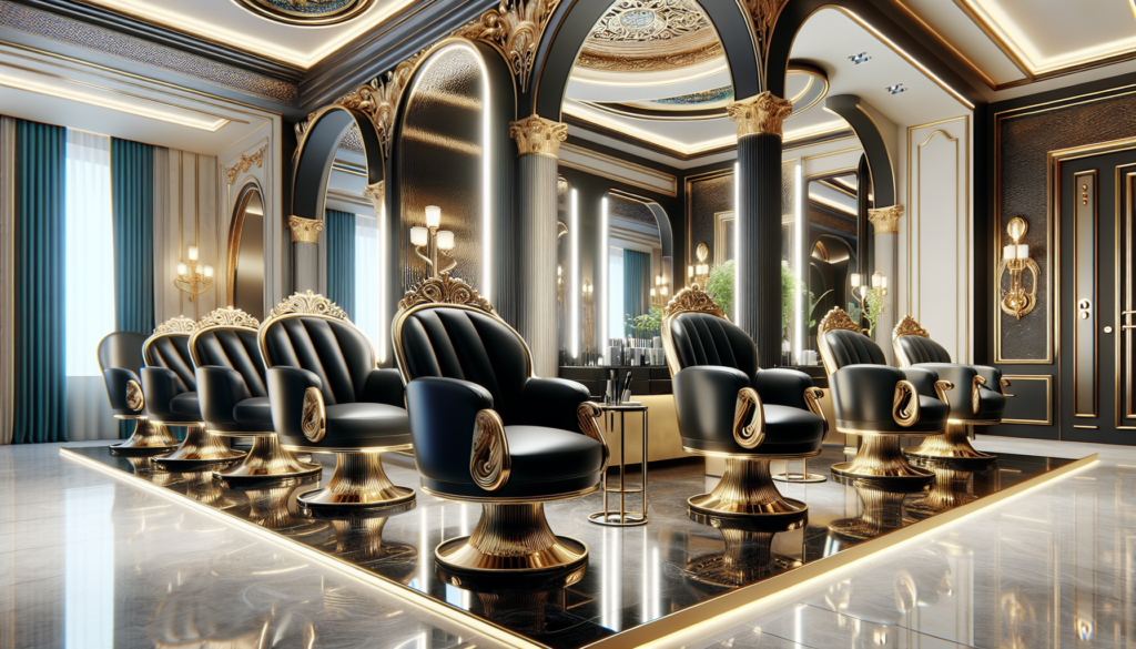 Create an image of a luxurious salon interior featuring elegant black and gold salon chairs. The chairs should have plush black upholstery with gold accents such as gilded armrests and legs. The salon