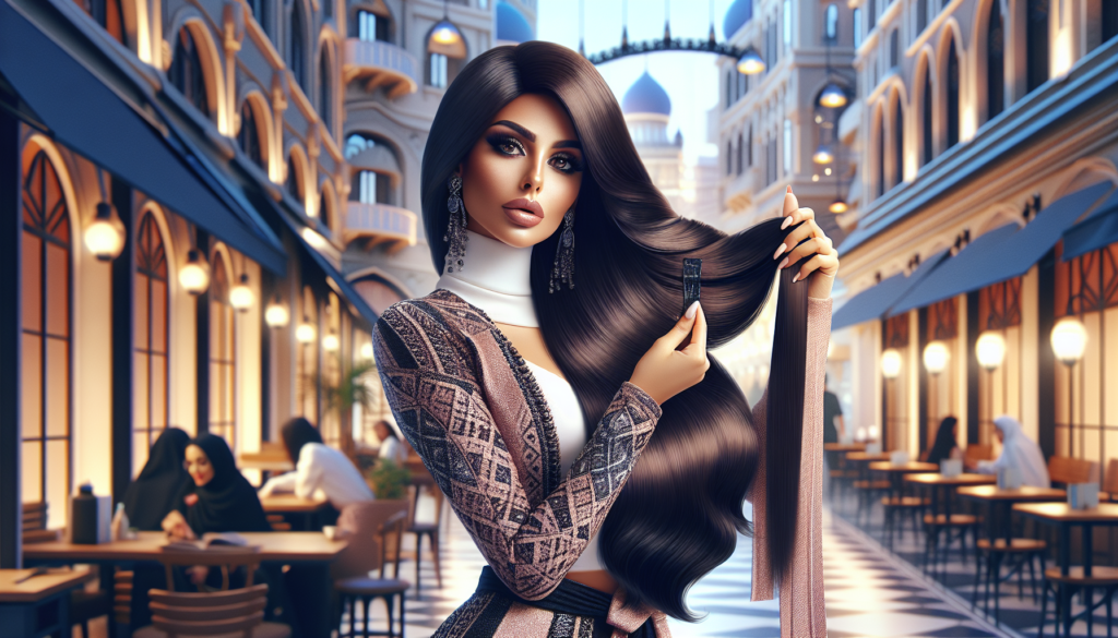 A modern, high-definition image featuring a stylish woman in a chic urban setting. She is effortlessly attaching dark brown clip-in hair extensions to her natural hair, adding length and volume. The b