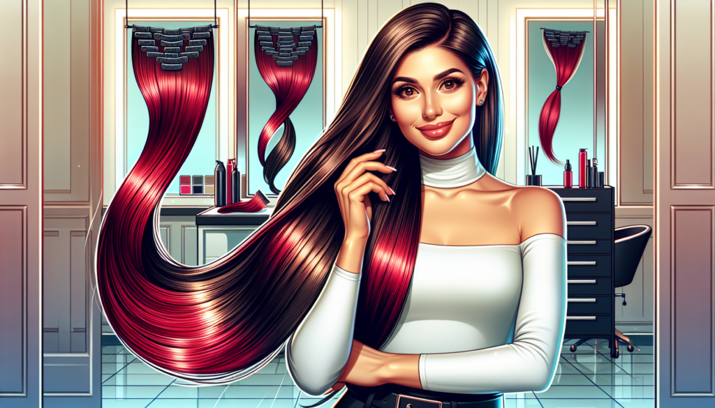Create a vibrant and stylish image of a woman with flowing red clip-in hair extensions. She is in a modern, chic salon, and her original hair color is a natural brunette, adding a bold contrast with t
