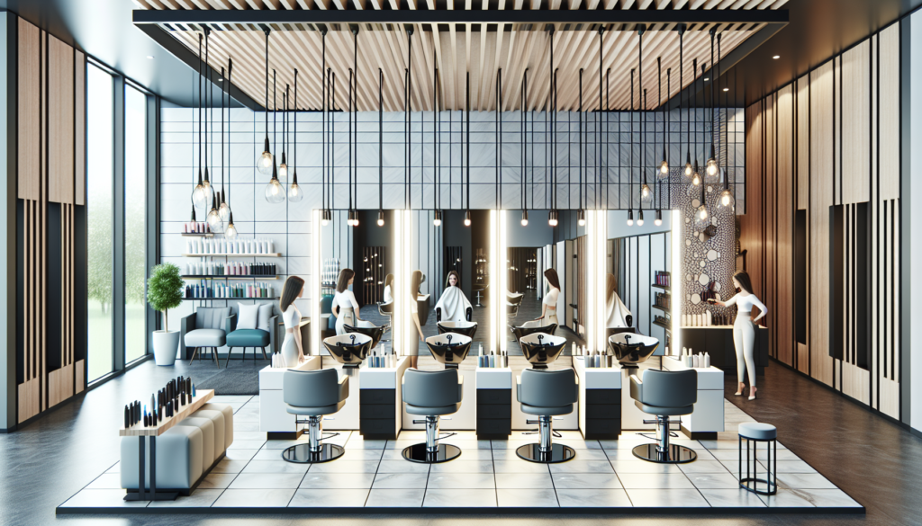 A modern, chic salon interior featuring double-sided salon stations with elegant design, showcasing both hairstylists and clients on either side. The stations have sleek mirrors, stylish lighting, and