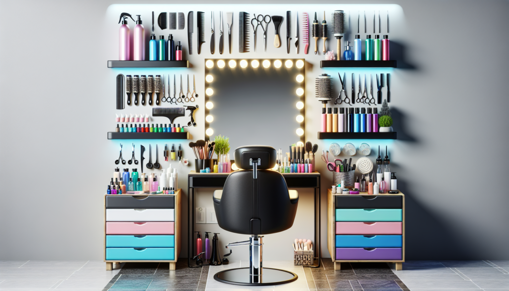Create an image depicting an organized and stylish beauty salon workspace, showcasing essential supplies such as high-quality scissors, hairdryers, curling irons, a variety of hairbrushes, styling pro