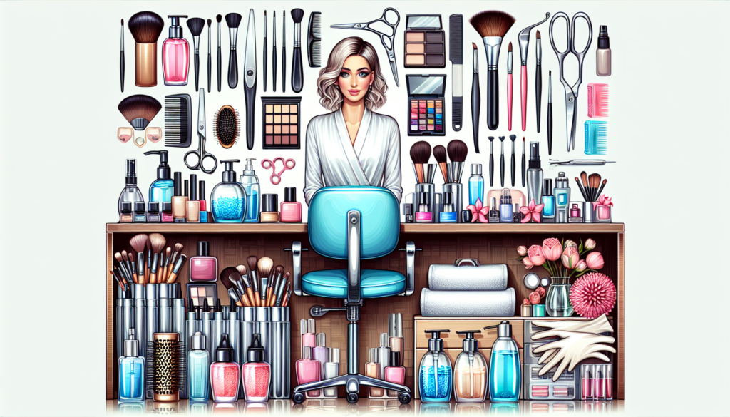 Create an image of a well-organized, professional cosmetologist's workstation. Include essential beauty supplies such as makeup brushes, a set of high-end cosmetics, hair styling tools like scissors,