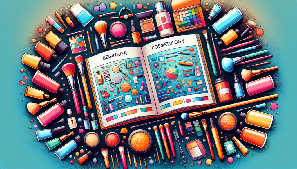 Create an illustration of a neatly organized vanity table filled with essential cosmetology supplies, such as makeup brushes, eyeshadow palettes, skincare products, and beauty tools. Include a beginne