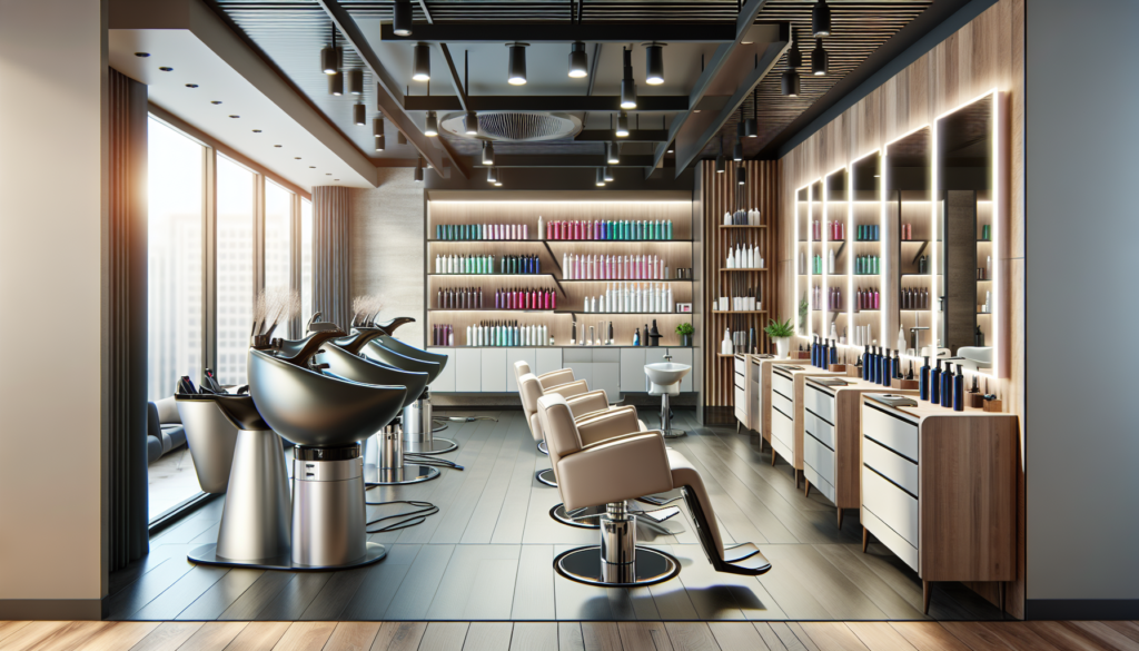 Create a vibrant scene of a modern salon, showcasing essential equipment such as stylish salon chairs, advanced hairdryers, high-end mirrors with LED lights, sleek hair washing stations, a variety of
