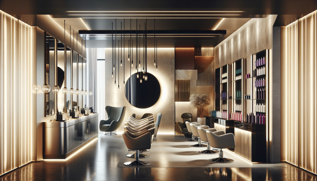 Create an image of a sleek and modern hair salon interior with essential furniture items including stylish salon chairs, contemporary mirrors mounted on the walls, a chic reception desk, stylish stora