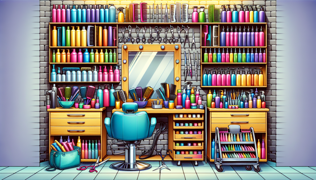 A vibrant salon interior brimming with essential hairdressing supplies: an assortment of professional scissors, combs, brushes, clippers, hairdryers, a variety of hair products like gels, sprays, and
