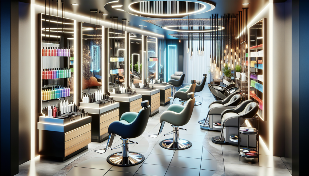 Create an image of a sleek, modern hair salon filled with essential Keller salon equipment. Show high-end hair styling chairs, adjustable mirrors with LED lighting, elegant workstations with a range o