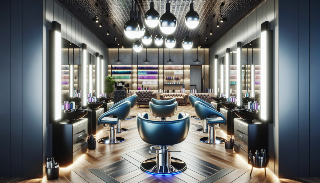 Create a vibrant and modern salon interior showcasing essential professional salon equipment, including high-quality styling chairs, hair-washing stations, mirrors with LED lighting, a variety of hair