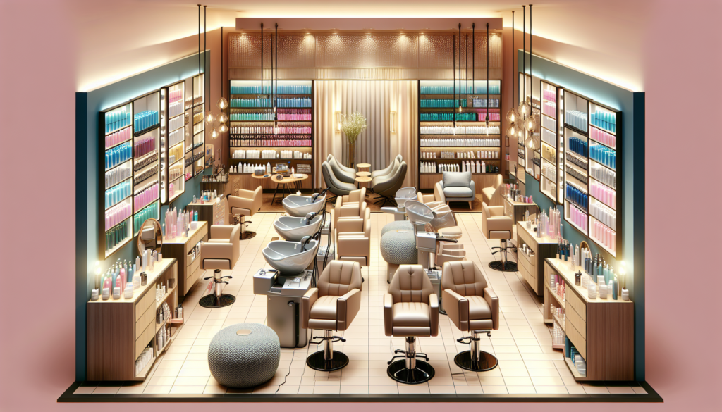 Create an image of a newly opened beauty salon filled with essential equipment packages. The salon should feature stylish salon chairs, modern hair-washing stations, professional styling tools like ha