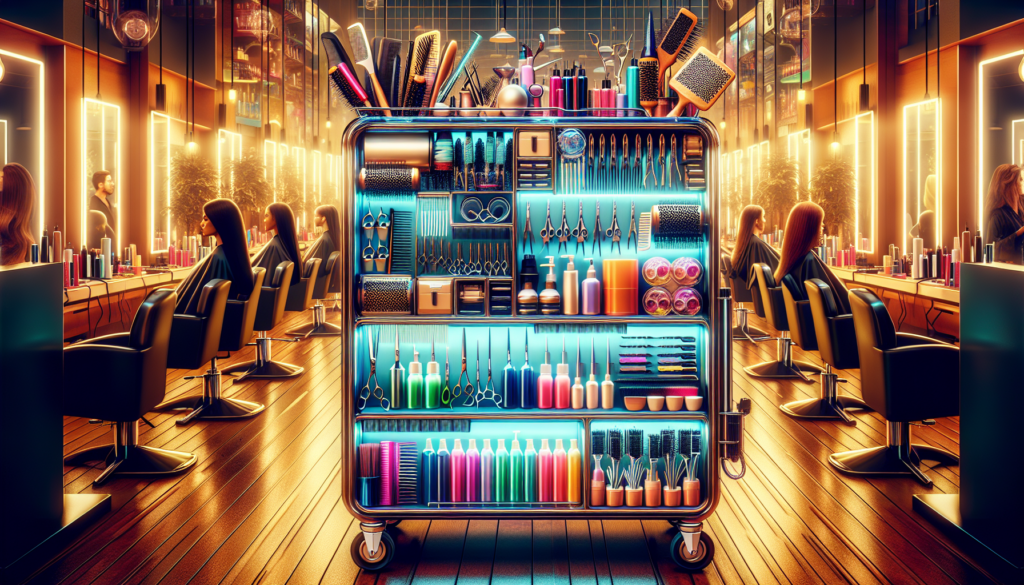 Create a detailed image of a modern salon interior with a stylist actively working. In the center of the scene, a sleek, well-organized salon trolley filled with essential tools and products stands pr