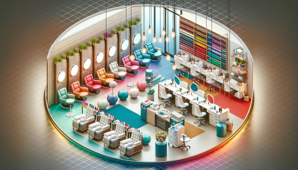 Create a vibrant, modern salon and spa interior filled with essential equipment, such as stylish salon chairs, professional hair styling tools, massage tables, manicure and pedicure stations, and a re