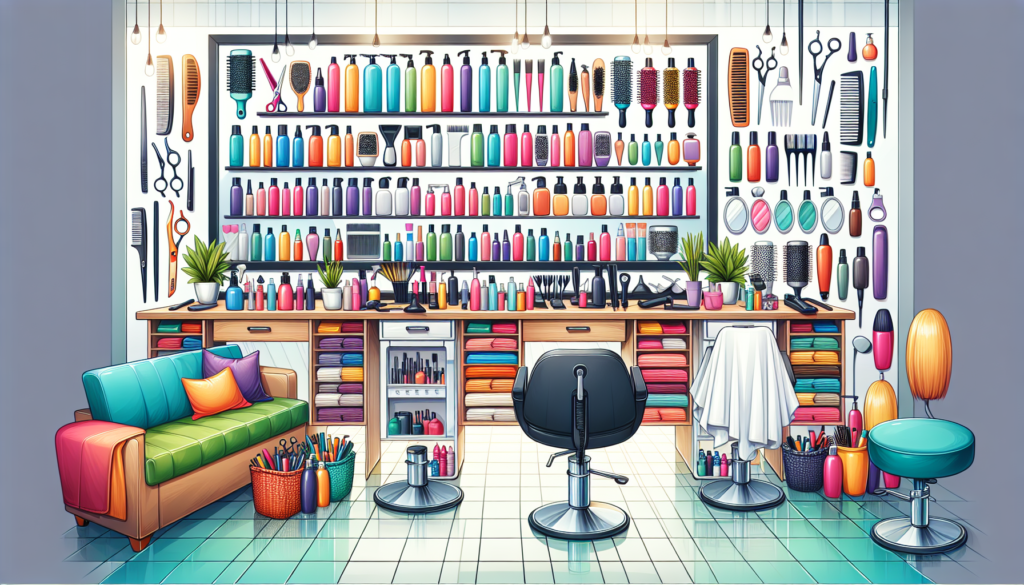 Create an image of a well-organized hair salon interior displaying essential supplies such as scissors, combs, brushes, hairdryers, hair straighteners, curling irons, shampoos, conditioners, hairspray