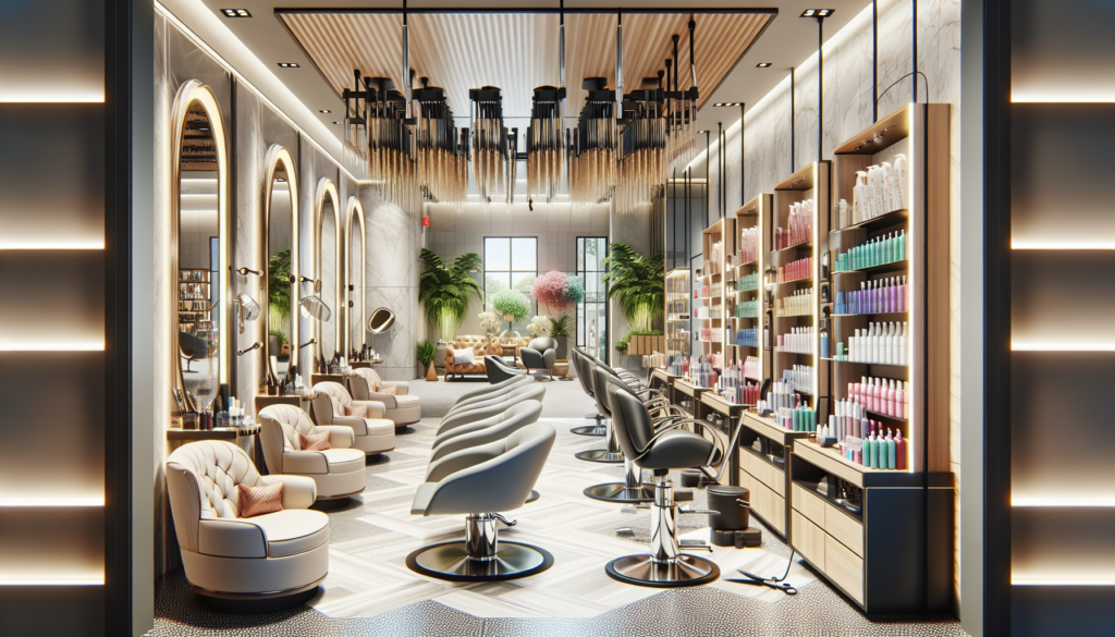 Create an image of a modern, well-equipped beauty salon. The salon should have high-quality hairdressing chairs, a variety of professional hair styling tools like scissors, blow dryers, and curling ir