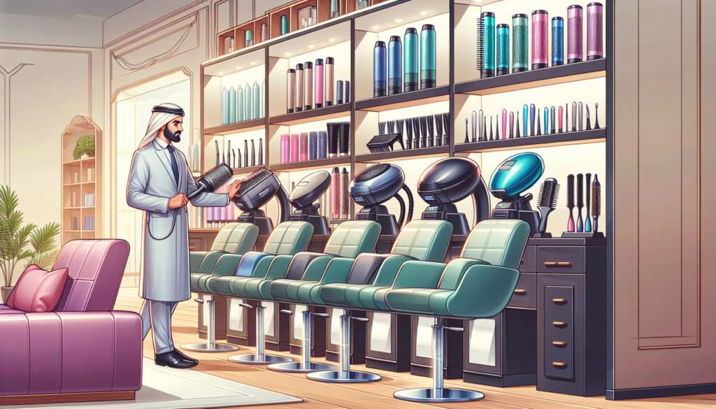 Professional salon setting with diverse, stylish hair and beauty equipment laid out neatly; a person carefully examining high-quality tools, modern furniture, and advanced beauty machines, emphasizing