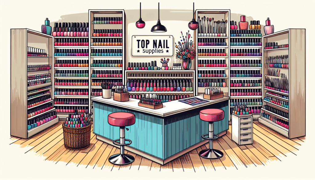 Create an image depicting a vibrant, well-organized nail supply store with shelves stocked with colorful nail polishes, manicure tools, nail art accessories, and comfortable customer service counters,
