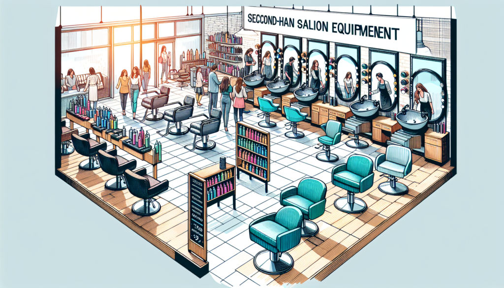 Create an image depicting a vibrant, well-organized used salon equipment store. The store should feature a variety of affordable salon equipment such as hairdressing chairs, mirrors, styling stations,