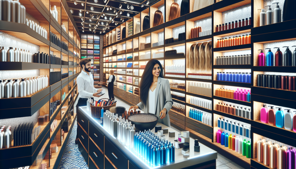Create an image of a vibrant, well-organized hair supply store with a wide variety of products on neatly arranged shelves. The store should showcase everything from shampoos, conditioners, and styling