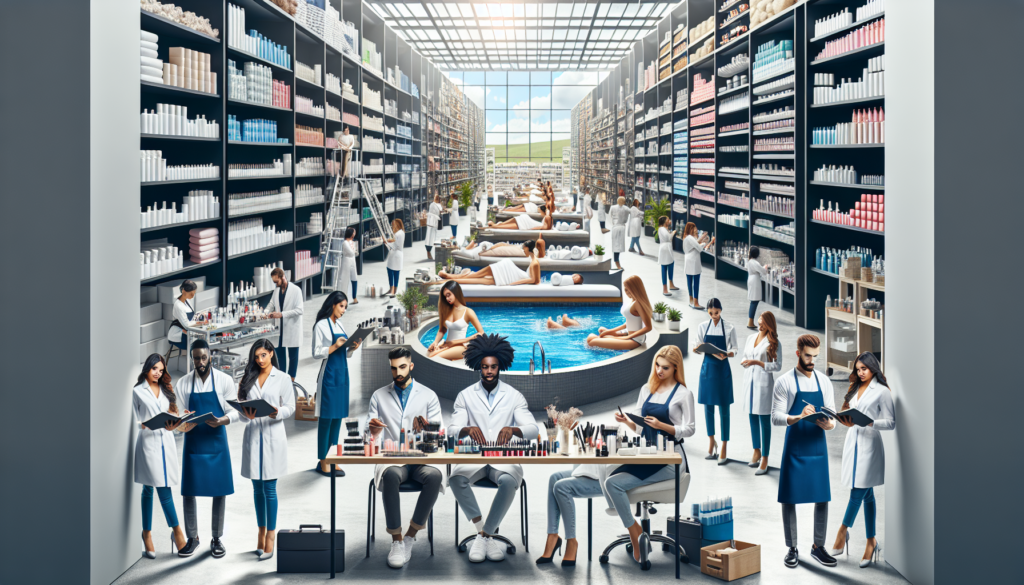 Create an image of a bustling salon and spa with various professionals at work, surrounded by an array of high-quality salon and spa products. In the background, a well-organized and modern warehouse