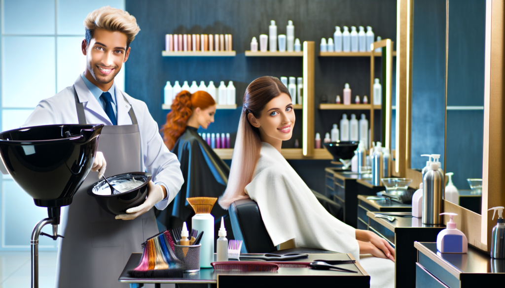 Create a highly detailed image of a professional hair salon setting showcasing a stylist at work. The stylist is holding a bottle of Redken Shades EQ Processing Solution and mixing it with the hair co