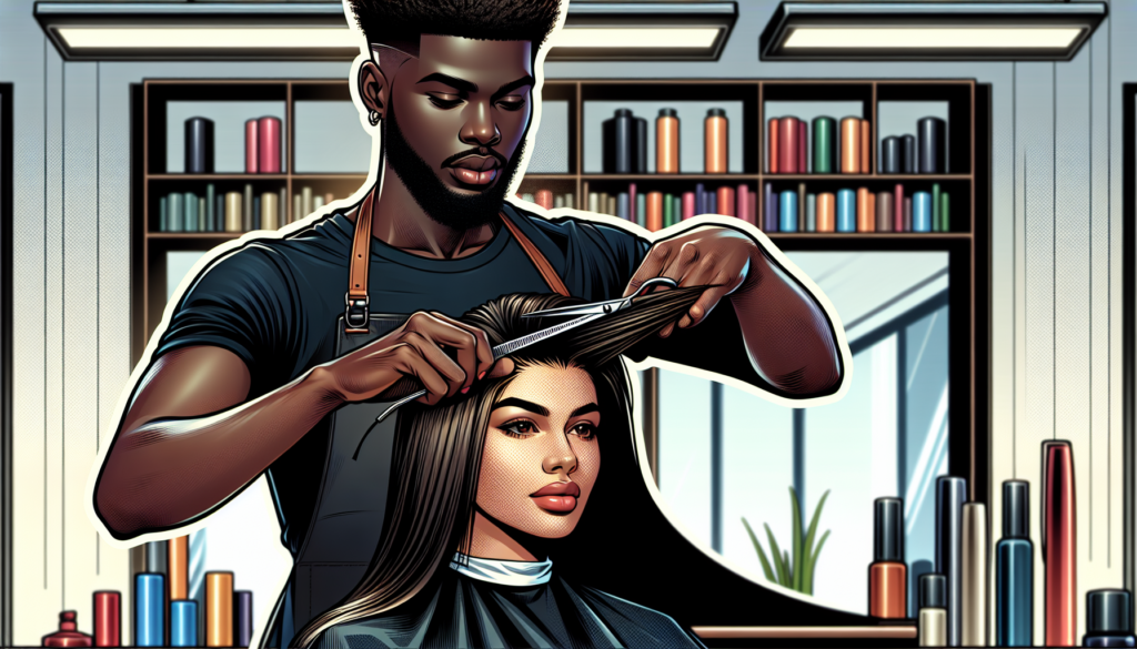 Create an image of a stylist in a sleek, modern hair salon using thinning shears to expertly texture a client's hair. The stylist looks focused and confident, while the client appears relaxed and sati