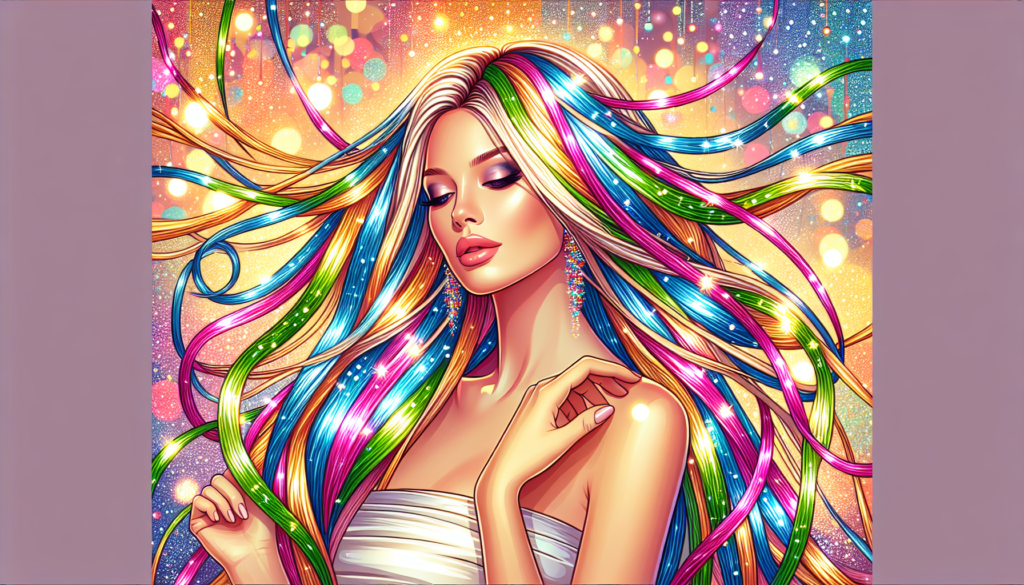 Create a vibrant and glamorous image of a woman with long, flowing hair adorned with colorful tinsel hair extensions. The scene should be festive and sparkling, with lights reflecting off the tinsel,