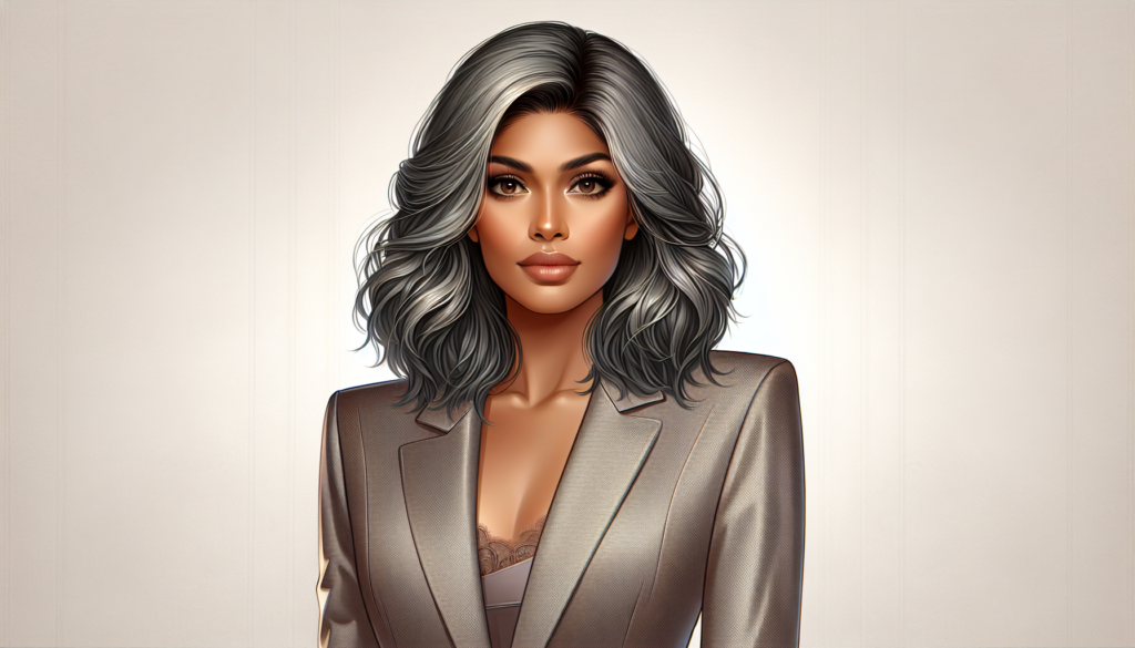 Create an image of a sophisticated woman wearing a grey lace front wig. The wig should have subtle, elegant waves and a natural-looking hairline. She is dressed in a chic, modern outfit, perhaps a sty