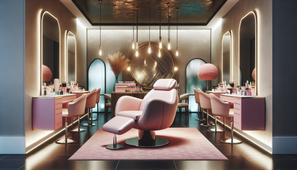 Create an image of a chic and stylish beauty studio featuring a luxurious, modern pink salon chair as the focal point. The salon is equipped with elegant décor, including a well-lit vanity mirror, sle