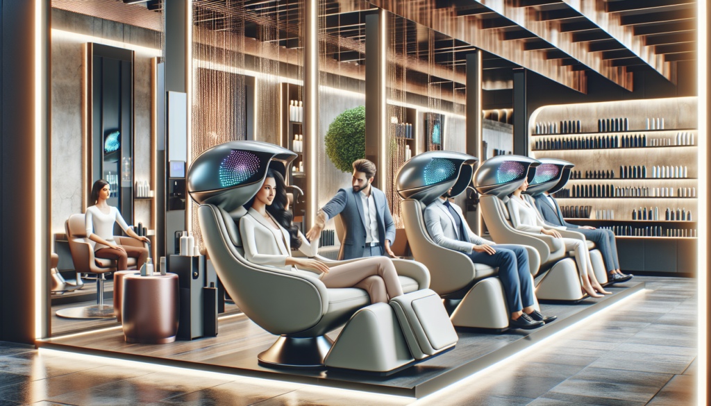 Create an image of a stylish and modern salon with various high-tech hair dryer chairs. The chairs should be ergonomically designed, some with built-in LED screens, and others with massage features. S