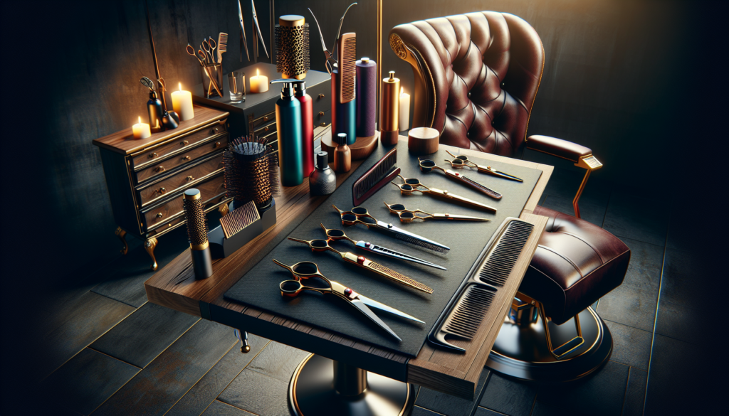 Create an image showcasing a professional hair salon environment featuring a beautifully arranged set of the top 10 high-quality hairdressing scissors. Each pair should have a sleek, modern design, an