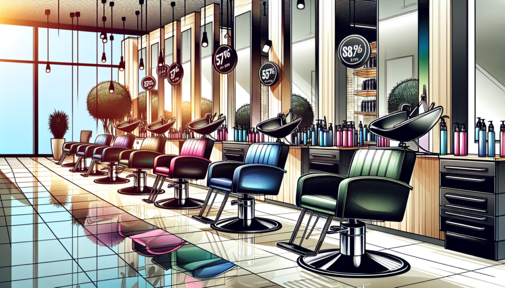 Create an image that showcases a variety of stylish, high-quality hair salon chairs available at discounted prices. The setting is a modern salon with sleek, trendy design elements, and the chairs are