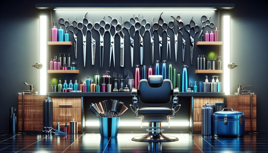 Create an image of a stylish hair salon setup with a variety of high-quality hair cutting scissors displayed prominently. Showcase both sleek, modern professional scissors and accessible home-use scis