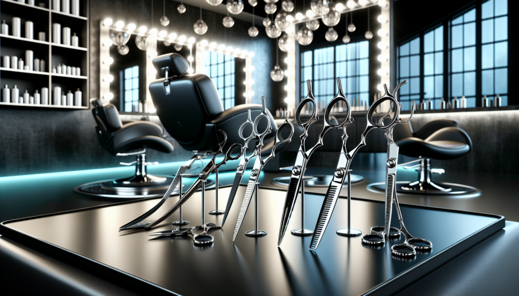 A highly detailed, professional photography setup showcasing a selection of premium hair cutting shears on a sleek, modern countertop in a high-end salon. Each shear glistens under the soft ambient li