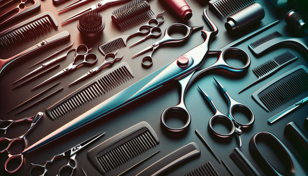 A close-up image of high-quality hair shears with sleek, ergonomic designs in a well-lit modern salon setting. The shears should be positioned against a backdrop of professional hairdressing tools, wi
