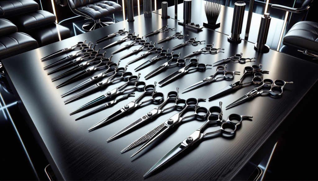 An array of high-end hairdressing scissors for professionals in 2023, displayed neatly on a sleek black surface. Each scissor features unique design elements, such as ergonomic handles, precision blad