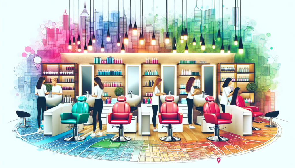 Create an image of a modern, chic salon interior filled with high-quality salon equipment like styling chairs, shampoo stations, nail stations, and product display shelves. Incorporate a map overlay w
