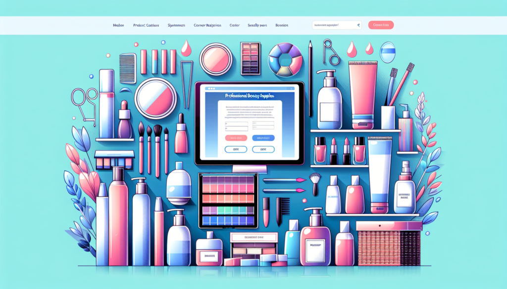 Create an image of a sleek, modern website landing page showing a variety of professional beauty supplies such as hair care products, skincare items, makeup kits, and nail accessories. The website int