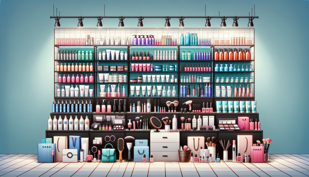 Create an image of a neatly organized professional beauty supply store shelf displaying a variety of essential beauty products. Include high-quality shampoos, conditioners, hair serums, styling tools