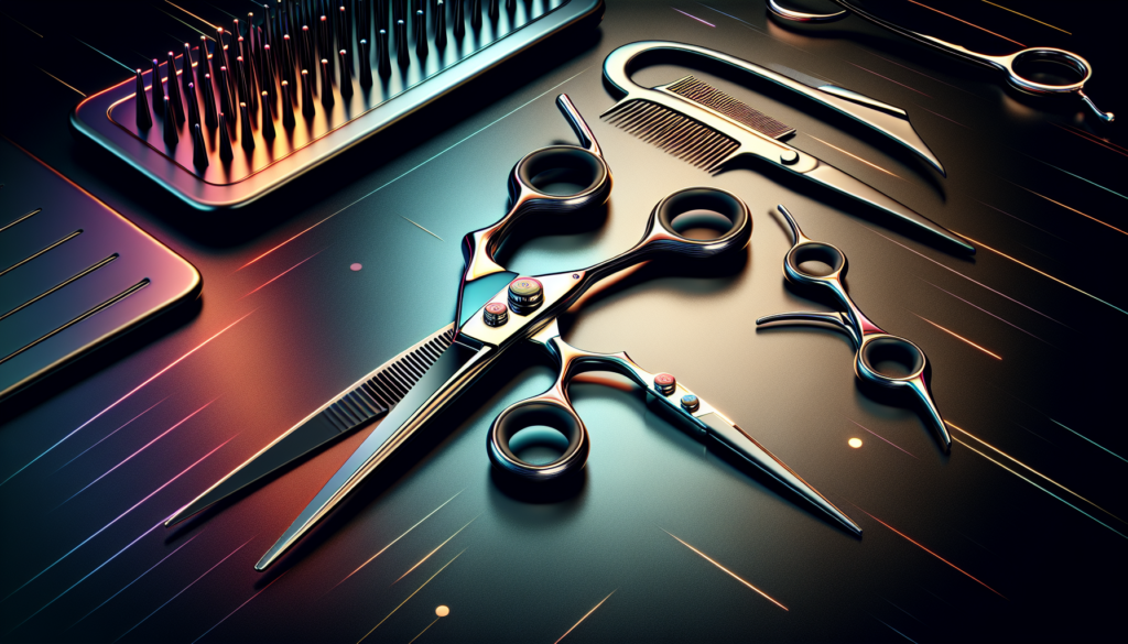 High-quality, modern hair cutting shears on a sleek black surface, with reflections highlighting their sharpness and precision. The shears should feature ergonomic handles and sleek, stylish designs w