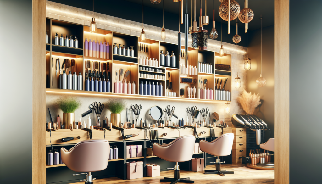 Create an image of a modern, upscale salon interior showcasing an array of top-tier professional beauty supplies. Include elegantly designed shelves stocked with high-end hair care products, premium s