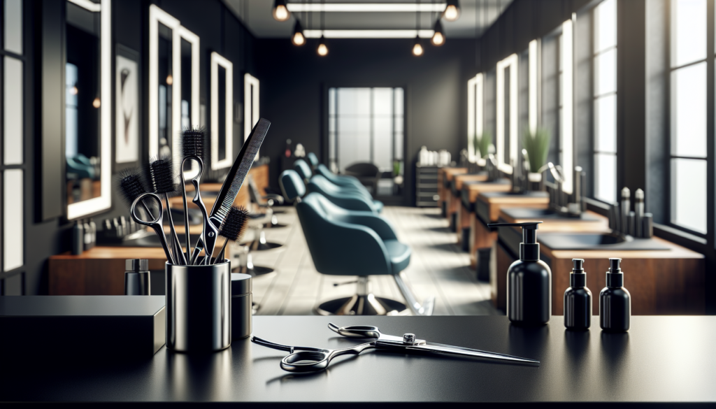Create an image of a modern hair salon with a close-up focus on a sleek, high-quality pair of professional hair cutting scissors resting on a stylish black countertop. The background should include a