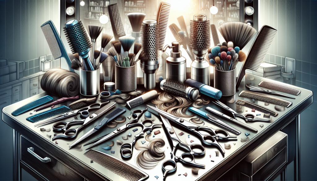 Create a detailed and vibrant image of a variety of top-rated hair cutting scissors. Show the scissors arranged neatly on a stylish barber's station, surrounded by hair clippings, combs, and other pro