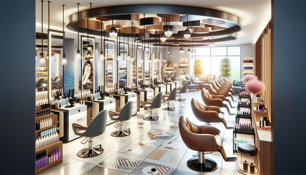 Create an image of a modern, well-lit beauty salon showcasing a variety of high-end salon equipment such as styling chairs, hairdryers, manicure stations, and skincare machines. Include branding and p