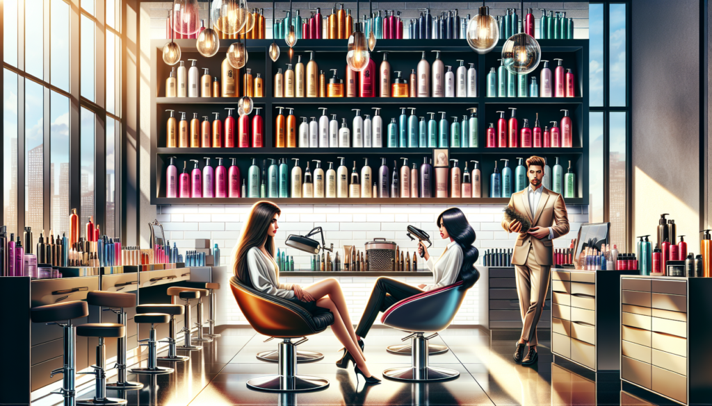 A high-end, modern salon interior with shelves stocked full of an array of luxurious hair products. The bottles and containers are beautifully designed with sleek labels, featuring shampoos, condition
