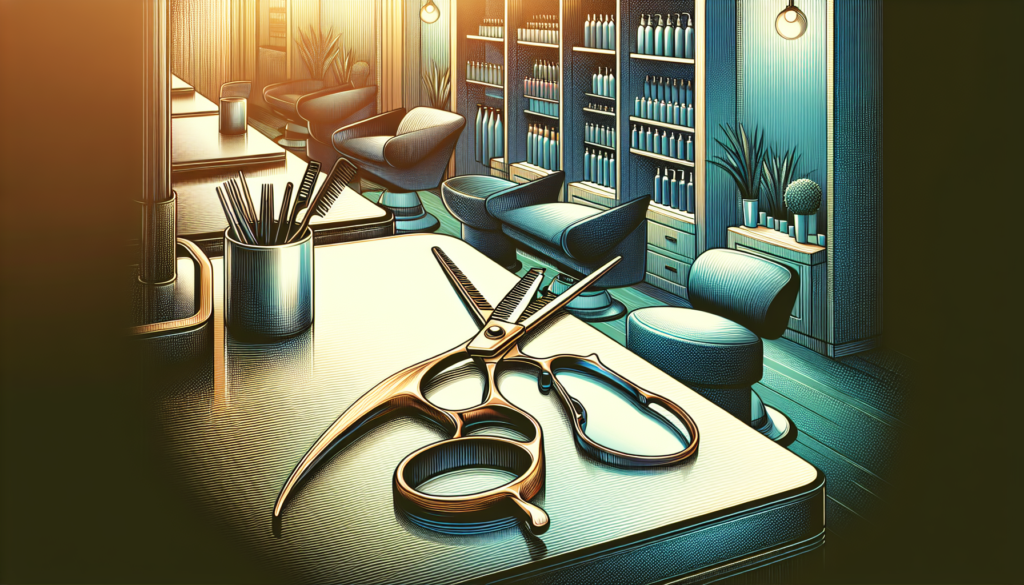 Create an image of a stylish and modern salon with a close-up of high-quality, sleek, and elegantly designed hair cutting shears placed on a professional workstation. The shears should be well-lit to
