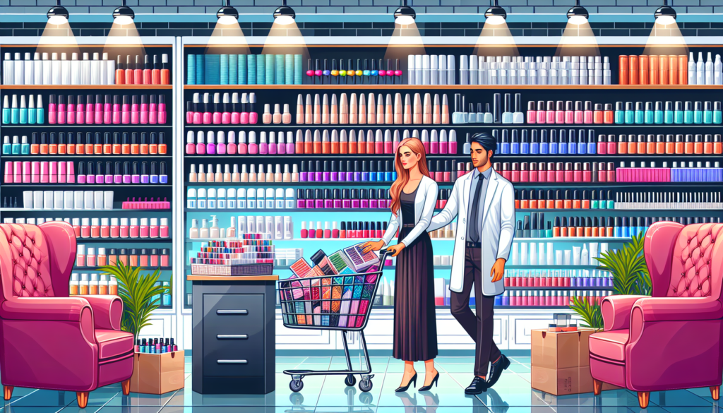Illustrate a vibrant salon supply store with neatly arranged shelves filled with a variety of products such as hair care items, nail polishes, skincare products, and styling tools. Include a friendly
