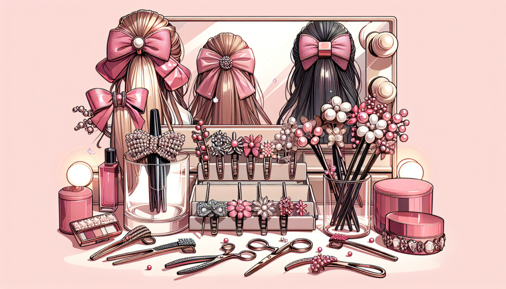 Create an image featuring a variety of trendy pink hair clips adorned with pearls, rhinestones, and floral designs, displayed on a chic vanity. The setting should be elegant and modern, with the clips