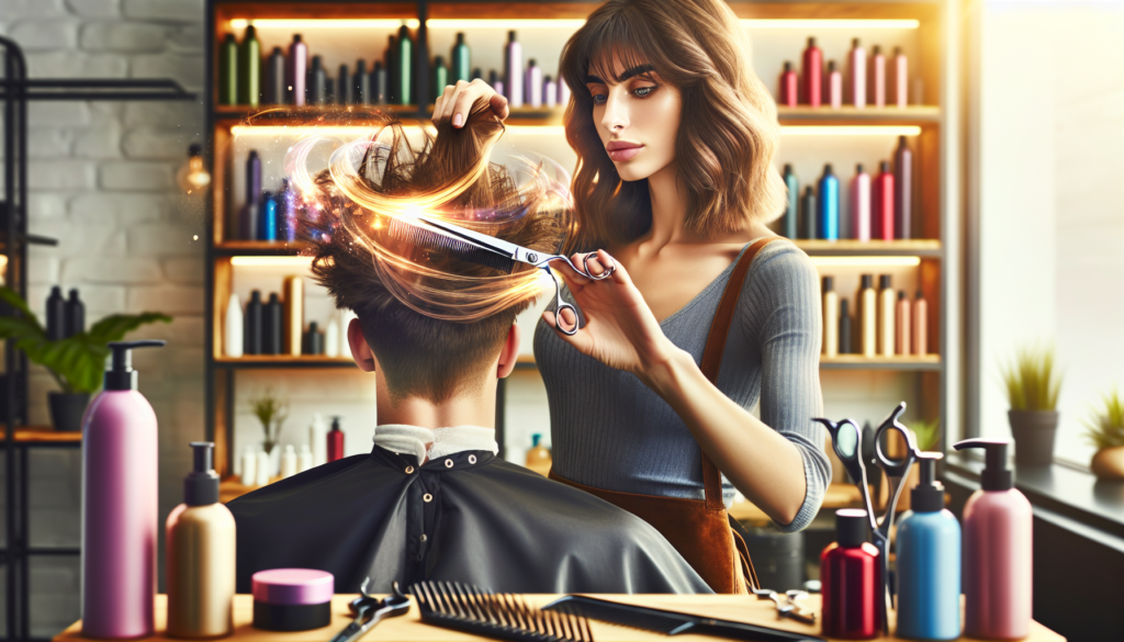 Create an image of a professional hairstylist in a modern, well-lit salon, skillfully using hair thinning scissors on a client's hair. The focus should be on the scissors, highlighting their design an